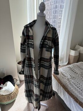 Boohoo Cream, Brown & Gray Plaid Longline Coatigan